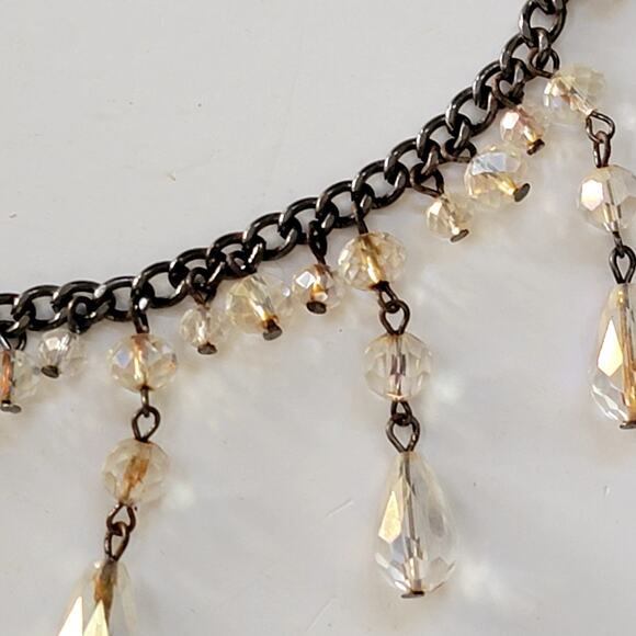 Vintage Crystal Drop Necklace with Faceted Glass Bead on Dark Tone Chain Jewelry - Picture 5 of 10